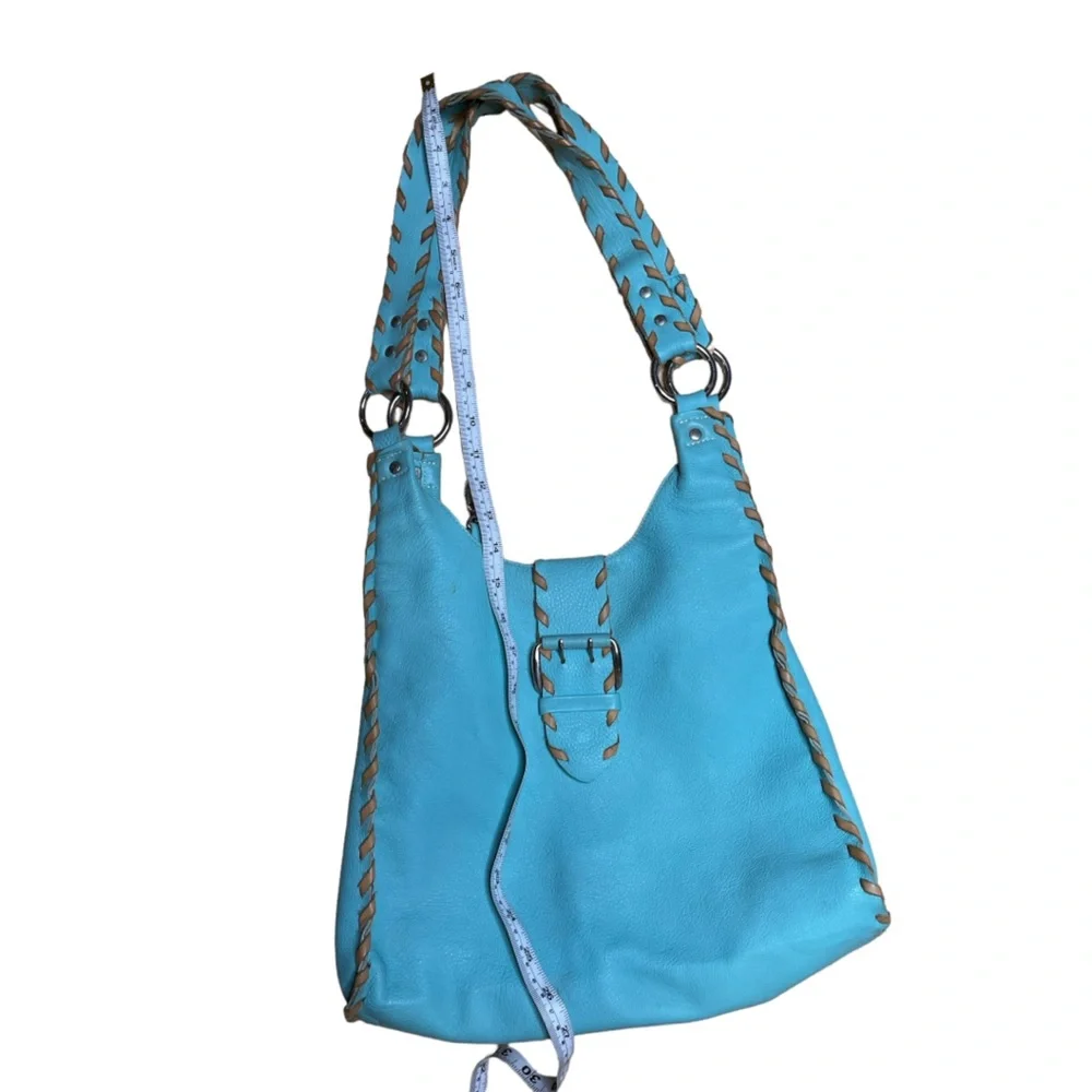 Carla Mancini open stitch leather braid through string blue leather slouch bag - Picture 3 of 12